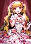  blonde_hair blood character_request copyright_name dress esphy flower gloves headdress long_hair looking_at_viewer mystic_blood petals puffy_sleeves red_eyes rose short_sleeves smile solo twintails white_dress white_gloves white_legwear 