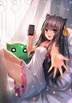  absurdres animal_ears blush brown_eyes brown_hair cat_ears cellphone ear_tag fang highres long_hair long_legs looking_at_viewer million_arthur_(series) outstretched_hand phone smile solo weiyinji_xsk 