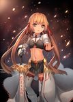  beckoning brown_eyes brown_hair gauntlets long_hair looking_at_viewer midriff million_arthur_(series) navel solo sword twintails weapon weiyinji_xsk 