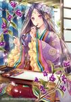  black_hair calligraphy_brush flower food hair_flower hair_ornament japanese_clothes kimono left-handed long_hair long_sleeves mikuni_(mikunik) murasaki_shikibu_(tenka_touitsu_chronicle) official_art paintbrush petals purple_eyes scroll sitting solo tenka_touitsu_chronicle thinking watermark 