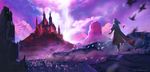  architecture building castle city cloak desert from_behind highres lightning lost_elle mountain pixiv_fantasia pixiv_fantasia_fallen_kings rock scenery standing veil wide_shot 