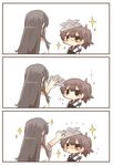  3koma akagi_(kantai_collection) bad_id bad_twitter_id black_eyes blush brown_hair chibi colorized comic hat kaga_(kantai_collection) kantai_collection long_hair multiple_girls paper_hat paper_kabuto papercraft rebecca_(keinelove) short_hair side_ponytail silent_comic sparkle sweat yellow_eyes 