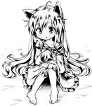  :o ahoge animal_ears barefoot blush brooch collarbone greyscale imaizumi_kagerou jewelry long_hair long_sleeves monochrome natsu_no_koucha off_shoulder oversized_clothes shirt sitting skirt solo touhou very_long_hair wide_sleeves wolf_ears younger 