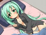  bed black_panties blush dress_shirt green_eyes green_hair hatsune_miku long_hair lying md5_mismatch no_bra no_pants open_clothes open_shirt panties pillow senyou6060 shirt solo striped striped_panties twintails underwear very_long_hair vocaloid 