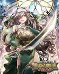  breasts bridal_gauntlets brown_hair character_request cleavage copyright_name dress green_dress green_eyes green_legwear hat holding holding_weapon large_breasts long_hair mikuni_(mikunik) open_mouth shinma_x_keishou!_ragnabreak smile solo sword thighhighs weapon 