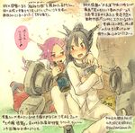  alternate_costume black_hair bottle cherry_blossoms colored_pencil_(medium) crossdressing dated drunk gloves hand_on_another's_shoulder headgear jun'you_(kantai_collection) kantai_collection kirisawa_juuzou long_hair looking_at_another multiple_girls nagato_(kantai_collection) numbered purple_eyes purple_hair red_eyes sake_bottle school_uniform traditional_media translated twitter_username 