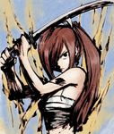  1girl erza_scarlet fairy_tail hair_over_one_eye mashima_hiro official_art ponytail red_hair sarashi sword tattoo weapon 
