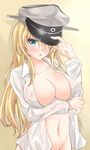  bismarck_(kantai_collection) blonde_hair blue_eyes breasts covered_nipples folko hat kantai_collection large_breasts long_hair md5_mismatch military_hat naked_shirt open_mouth shirt solo 