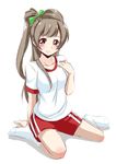  brown_eyes brown_hair gym_shorts gym_uniform hand_on_own_chest long_hair love_live! love_live!_school_idol_project minami_kotori one_side_up shorts sitting smile solo tsukasa_0913 wariza 