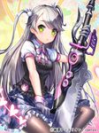  blush character_request checkered checkered_skirt esphy frown gloves green_eyes grey_gloves grey_hair heart holding holding_weapon junketsu_duelion long_hair pantyhose puffy_sleeves shirt short_sleeves skirt solo sword two_side_up weapon white_shirt 