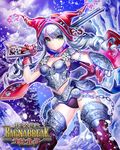  armor boots breasts cape chain character_request cleavage copyright_name esphy fighting_stance frown gloves green_eyes grey_hair gun hat holding holding_weapon long_hair medium_breasts red_gloves shinma_x_keishou!_ragnabreak snowflakes snowing solo thigh_boots thighhighs twintails weapon 