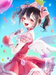  angel_wings balloon black_hair bow choker dress frills gloves hair_bow looking_at_viewer love_live! love_live!_school_idol_project microphone open_mouth poison916 red_dress red_eyes solo twintails white_gloves wings yazawa_nico 