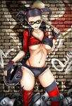  black_hair football goggles harley_quinn nonoririn pig_tails short_twintails twintails weapon 