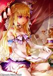  blonde_hair book breasts character_request cleavage copyright_name crown cup elbow_gloves esphy flower frilled_skirt frills gloves long_hair mystic_blood purple_eyes purple_skirt sitting skirt small_breasts solo strapless thighhighs white_gloves white_legwear 