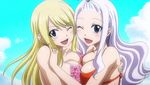  2girls animated animated_gif beach bikini blonde_hair blue_eyes breast_press breasts brown_eyes cleavage fairy_tail kodansha large_breasts lucy_heartfilia mirajane mirajane_strauss multiple_girls smile swimsuit symmetrical_docking white_hair wink 