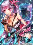  amplifier between_breasts breasts character_request dress esphy flower grey_hair guitar hair_flower hair_ornament hen-shin-shou-jo_metamol_maiden instrument long_hair looking_at_viewer microphone microphone_stand open_mouth pink_eyes pink_hair ponytail smile solo thighhighs 