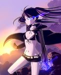  aura belt bikini_top black_hair black_rock_shooter black_rock_shooter_(character) blue_eyes boots bowieknife burning_eye choker clenched_hand cloak cloud flat_chest front-tie_top gloves hood jacket knee_boots long_hair mountain navel pale_skin purple_hair scar short_shorts shorts solo star sunset twintails uneven_twintails wind 