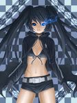  belt bikini_top black_hair black_rock_shooter black_rock_shooter_(character) blue_eyes burning_eye chain checkered gloves highres long_hair midriff navel scar shorts solo sugimasa twintails 