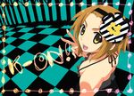  brown_eyes brown_hair checkered don't_say_&quot;lazy&quot; flower gucchie hair_flower hair_ornament halter_top halterneck k-on! smile solo tainaka_ritsu tomboy v 