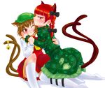 :&lt; animal_ears bell blush bow braid brown_hair cameltoe cat_ears cat_tail chen dorogumi hair_bow hat hug jingle_bell kaenbyou_rin kneehighs kneeling multiple_girls multiple_tails no_mouth one_eye_closed panties pantyshot profile red_eyes red_hair short_hair sitting socks tail tail_bell thighhighs touhou twin_braids twintails underwear white_panties wince 