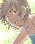  :d bare_shoulders camisole collarbone grin looking_at_viewer nishima_kin open_mouth original parted_lips short_hair smile solo teeth 