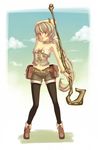  blush brown_hair legs legwear_under_shorts lips long_hair midriff multi-tied_hair pantyhose pantyhose_under_shorts saga saga_frontier_2 shorts solo staff terumii very_long_hair virginia_knights 