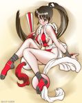  bad_id bad_pixiv_id blush breasts brown_eyes brown_hair cleavage closed_fan fan fatal_fury folding_fan large_breasts legs long_hair nemiosu pelvic_curtain ponytail shiranui_mai sideboob socks solo tabi the_king_of_fighters 