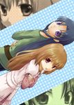  aisaka_taiga back-to-back blue_hair brown_eyes brown_hair dune_(artist) dutch_angle kawashima_ami long_hair multiple_girls purple_eyes toradora! 