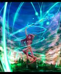  blue_eyes breasts cleavage cloud gigandal_federation highres kara_(color) large_breasts letterboxed long_hair magic pixiv_fantasia pixiv_fantasia_3 pointy_ears purple_hair red_hair rock sky solo staff thighhighs 