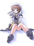  blue_eyes blush brown_hair hair_ornament hat highres kaibara_yuu lyrical_nanoha magical_girl mahou_shoujo_lyrical_nanoha mahou_shoujo_lyrical_nanoha_a's minigirl panties pantyshot reinforce_zwei short_hair sitting solo underwear wings x_hair_ornament yagami_hayate 