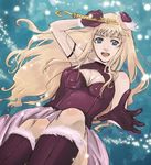  :d black_gloves blonde_hair blue_eyes boots dutch_angle from_below fur_trim gloves holding knee_boots long_hair looking_at_viewer macross macross_frontier nishima_kin open_mouth sheryl_nome smile solo spread_fingers very_long_hair wand 