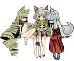  animal_ears barefoot child clog_sandals drill_hair feet flat_chest green_hair hakama japanese_clothes long_hair miko multiple_girls oekaki original red_hakama silver_hair tabi tail ume_(datsuryokugen) very_long_hair 