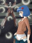  bad_id bad_pixiv_id beam_spam belt blue_eyes blue_hair breasts covered_nipples denim densetsu_kyojin_ideon hair_ornament hairclip ideon jeans kitty_kitten long_sleeves mecha panties pants pants_pull pulled_by_self short_hair small_breasts space underwear undressing unzipped white_panties zummy 