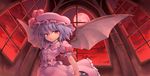  bat_wings blue_hair cloud dress from_below full_moon glowing hat hat_ribbon kurogarasu moon night night_sky purple_hair red_eyes red_moon red_sky remilia_scarlet ribbon short_hair short_sleeves sky slit_pupils solo touhou window wings 