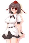  arayama_reiichi blush breasts brown_hair covered_nipples hat impossible_clothes impossible_shirt large_breasts looking_at_viewer red_eyes shameimaru_aya shirt short_hair solo tokin_hat touhou 