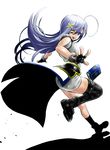  ahoge asymmetrical_legwear bad_id bad_pixiv_id blue_hair book book_of_the_azure_sky fingerless_gloves gakituta gloves hair_ornament highres long_hair lyrical_nanoha magical_girl mahou_shoujo_lyrical_nanoha_strikers one_eye_closed reinforce_zwei single_thighhigh solo thighhighs waist_cape x_hair_ornament 