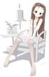  bad_feet brown_eyes brown_hair chair full_body head_tilt idolmaster idolmaster_(classic) lamp long_hair minase_iori pantyhose signature sitting skirt solo tiara tsukigami_runa white_legwear white_skirt 