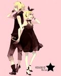  1girl back-to-back bad_id bad_pixiv_id black_dress blonde_hair blue_eyes brother_and_sister dress hair_ribbon headphones highres holding_hands kagamine_len kagamine_rin mig_(36th_underground) ribbon siblings twins vocaloid 