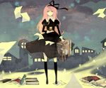  bad_id bad_pixiv_id black_dress black_legwear blue_eyes dress hair_ribbon long_hair megurine_luka mig_(36th_underground) music_box pink_hair ribbon socks solo suitcase toki_no_orgel_(vocaloid) very_long_hair vocaloid 