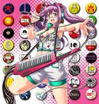  badge bikini_top breasts button_badge copyright_request fashion glasses green_eyes instrument keytar large_breasts long_hair microphone midriff music purple_hair shike_naoto shorts singing solo 