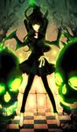  black_dress black_hair black_legwear black_rock_shooter chain checkered choker curly_hair dead_master dress gloves glowing glowing_eyes green_eyes highres horns leggings long_hair ribbon skull smile solo uno_(colorbox) wings 