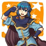  androgynous artist_request blue_eyes blue_hair cape fingerless_gloves fire_emblem fire_emblem:_monshou_no_nazo gloves hand_on_hip lowres male_focus marth one_eye_closed otoko_no_ko smile solo tiara 