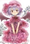  bat_wings blue_hair blush hat red_eyes remilia_scarlet ribbon short_hair silver_hair solo touhou ultimate_asuka wings wrist_cuffs 