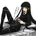  black_hair female_protagonist_(houkago_play) game_console houkago_play long_hair necktie pantyhose playing_games playstation skirt solo staring tetsu_(kimuchi) translation_request very_long_hair video_game yellow_eyes 