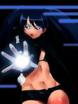  black_rock_shooter black_rock_shooter_(character) blue_eyes blue_hair flat_chest ganto glowing glowing_eyes long_hair midriff short_shorts shorts solo twintails 