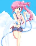  ;d bad_id bad_pixiv_id barefoot bikini blue_eyes blush cloud cloudy_sky day denim denim_shorts hair_bobbles hair_ornament hairclip hose hoshimame_mana little_busters! long_hair one_eye_closed open_fly open_mouth pink_hair polka_dot polka_dot_bikini red_bikini saigusa_haruka see-through shirt short_shorts shorts side-tie_bikini side_ponytail sky smile solo standing standing_on_one_leg suspenders swimsuit tied_shirt unzipped water wet wet_clothes wet_shirt 