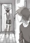  1girl ahoge arms_behind_back back brother_and_sister commentary_request from_behind greyscale hands_clasped indoors konakona monochrome original own_hands_together raglan_sleeves short_hair shorts siblings thighhighs zettai_ryouiki 