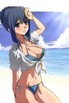  bad_id bad_pixiv_id beach bikini black_hair blue_eyes blue_hair blush breasts cleavage cloud day front-tie_top large_breasts ocean open_clothes open_shirt original outdoors shirt side-tie_bikini sky smile solo swimsuit tied_shirt xiangtu 