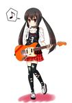  blush brown_eyes brown_hair child collar eighth_note flat_chest guitar instrument k-on! kouji_(campus_life) long_hair musical_note nakano_azusa skirt smile solo speech_bubble spoken_musical_note thighhighs torn_clothes torn_legwear twintails zettai_ryouiki 
