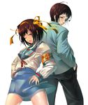  1girl blue_skirt brown_hair hairband kita_high_school_uniform kyon mifuji orange_hairband school_uniform serafuku short_hair skirt suzumiya_haruhi suzumiya_haruhi_no_yuuutsu 